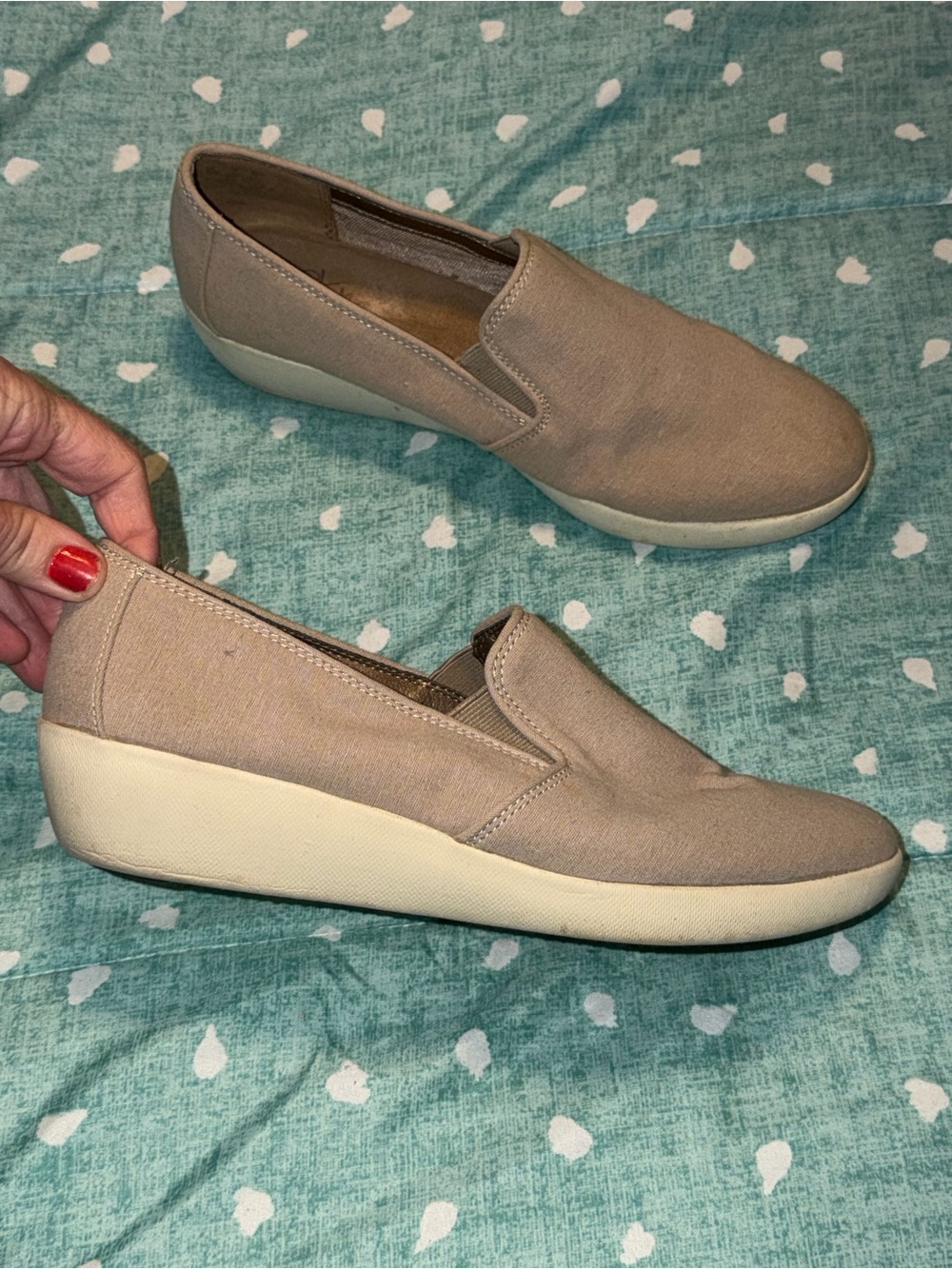 10.5 (fits like 10) Women's Slip-On Wedge Comfort Shoes in Taupe